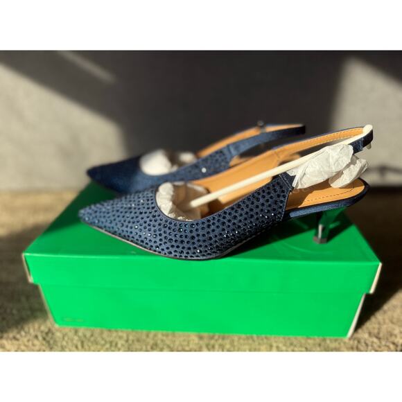 New J.Renee Ferryanne 7.5 Navy‎ Satin Rhinestones Slingback Kitten Heel - Picture 2 of 8